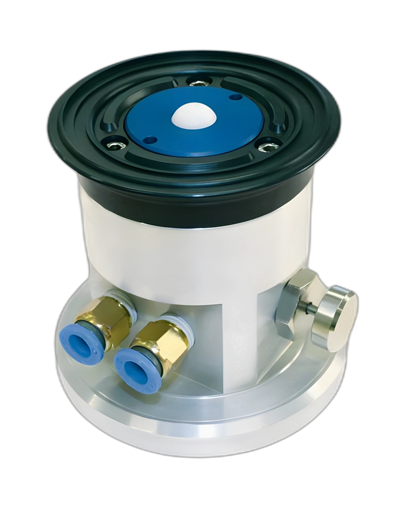 Round vacuum cups with ball valve, self-locking support and release button, for glass